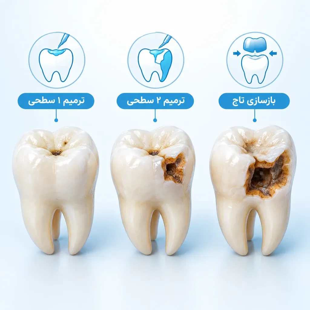 اینفوگرافیک مراحل پوسیدگی دندان و تفاوت پر کردن ۱ سطحی تا ۳ سطحی