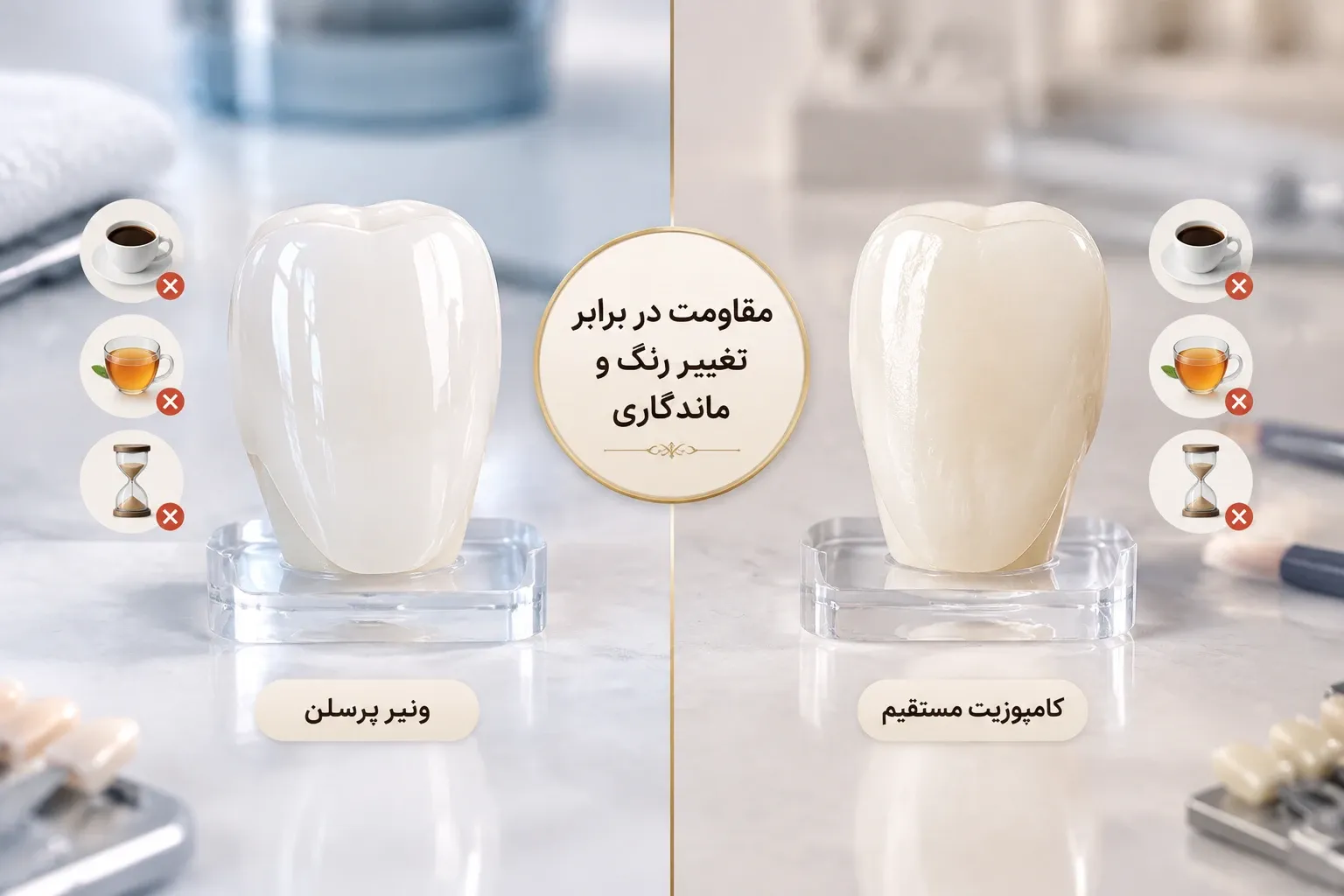بررسی میزان تغییر رنگ و مقاومت در برابر لکه در لمینت و کامپوزیت ونیر