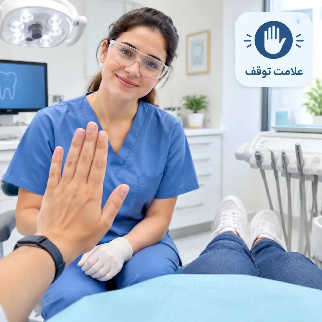 آموزش بالا بردن دست چپ به عنوان نشانه توافقی برای توقف کار دندانپزشک